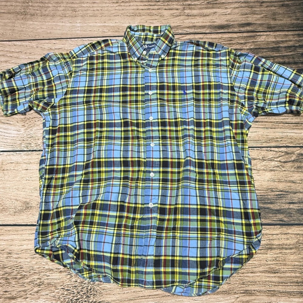 Ralph Lauren Button Down Shirt Men Large Blue Plaid Blake Short Sleeve Cotton